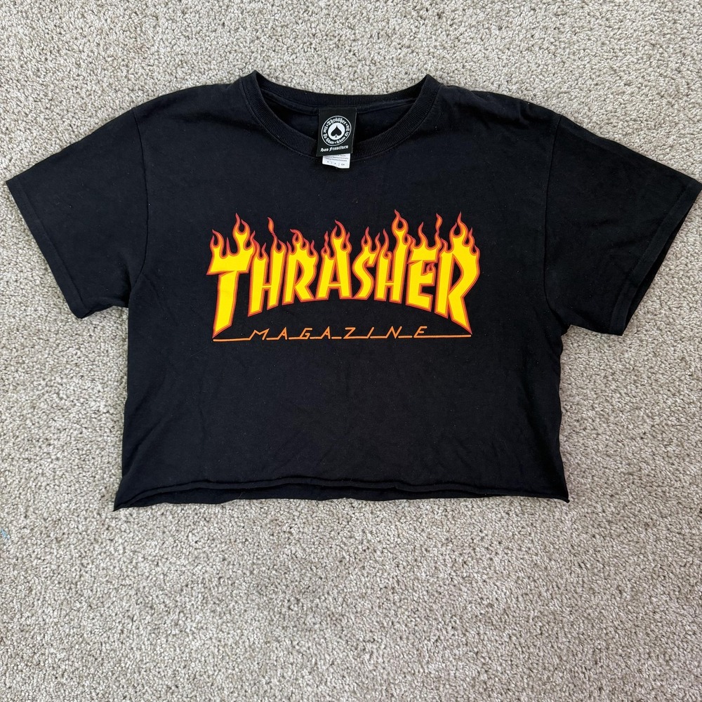 Thrasher Shirt Womens Small Black Flame Logo Cropped Tee T-Shirt Magazine Skate